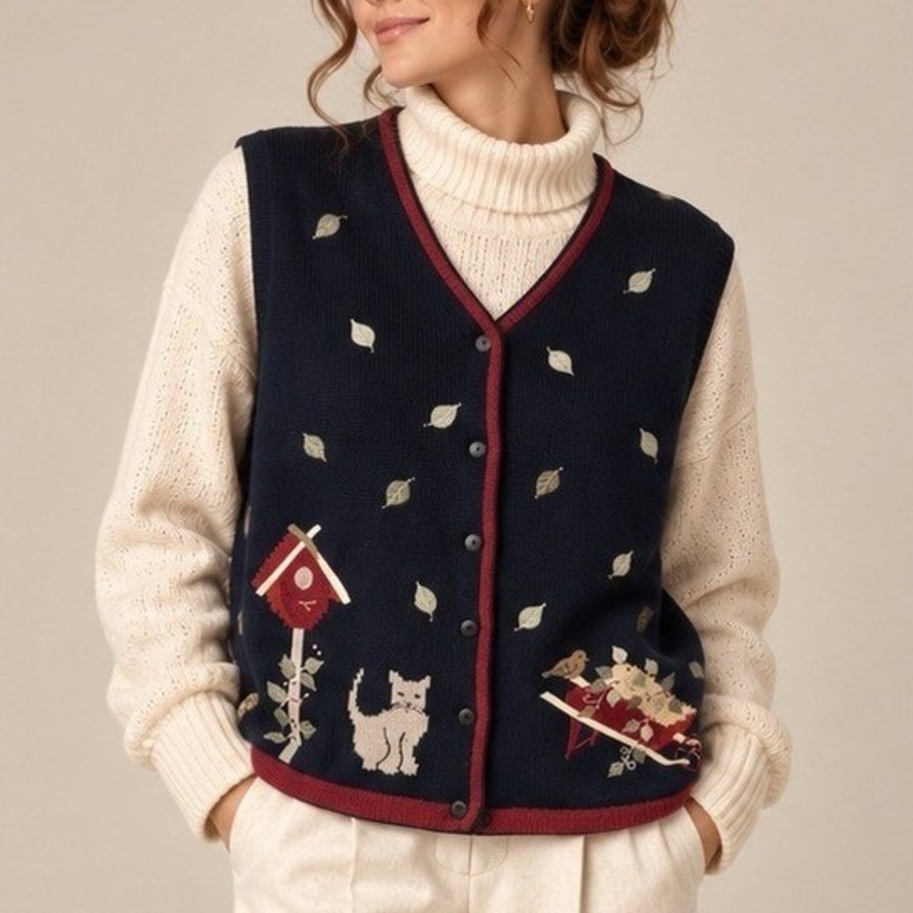 Christopher & Banks Navy Embroidered Fall Cat Birdhouse Sweater Vest Teacher XL